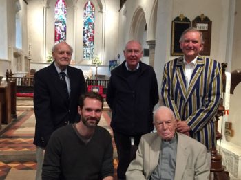 Back row, left to right: Julian Kennedy-Cooke (staff 1953-89), Nigel Carter (1953-62), church warden, President, front row L-R Dudley Tredger (1997-99) and Rev Felix Boyse LVO (1930-35)